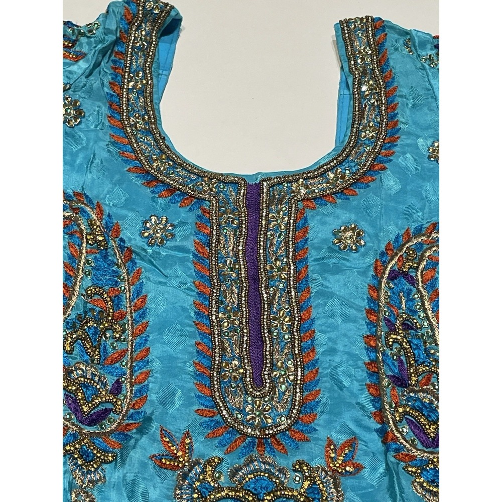 Heavy Embellished Punjabi Kurti Aqua Blue Zardozi Stone Tunic Kameez 19x30 - Picture 11 of 12